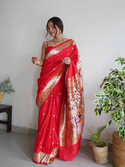 Pink and Red Color Zari Golden Weaving Rich Saree