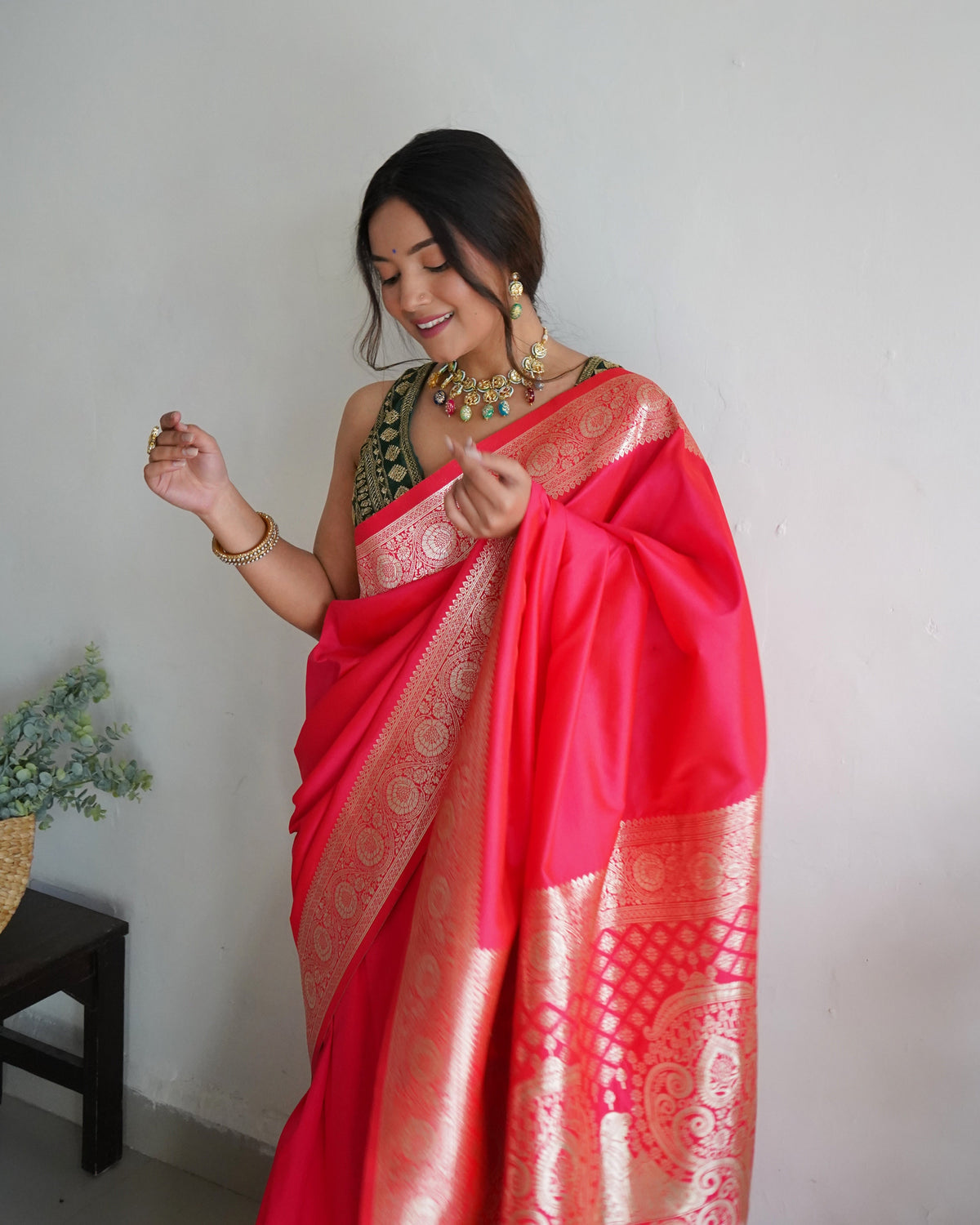 Pink and Red Color Zari Golden Weaving Rich Saree