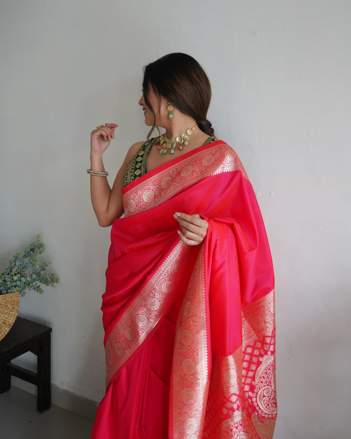 Pink Color Zari Golden Weaving Rich Saree