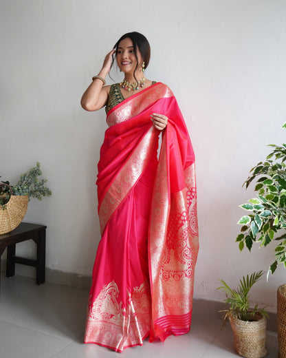 Pink Color Zari Golden Weaving Rich Saree