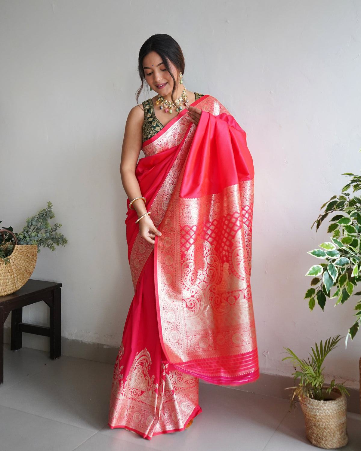 Pink Color Zari Golden Weaving Rich Saree