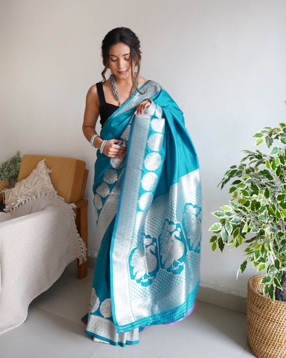 Turquoise Color Zari Golden Weaving Rich Saree