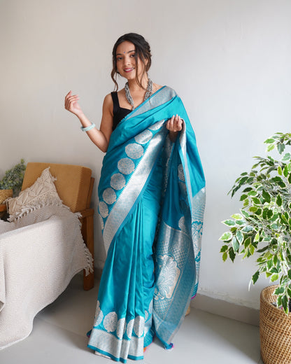 Turquoise Color Zari Golden Weaving Rich Saree