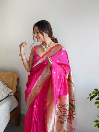 Dark Pink Color Zari Golden Weaving Rich Saree