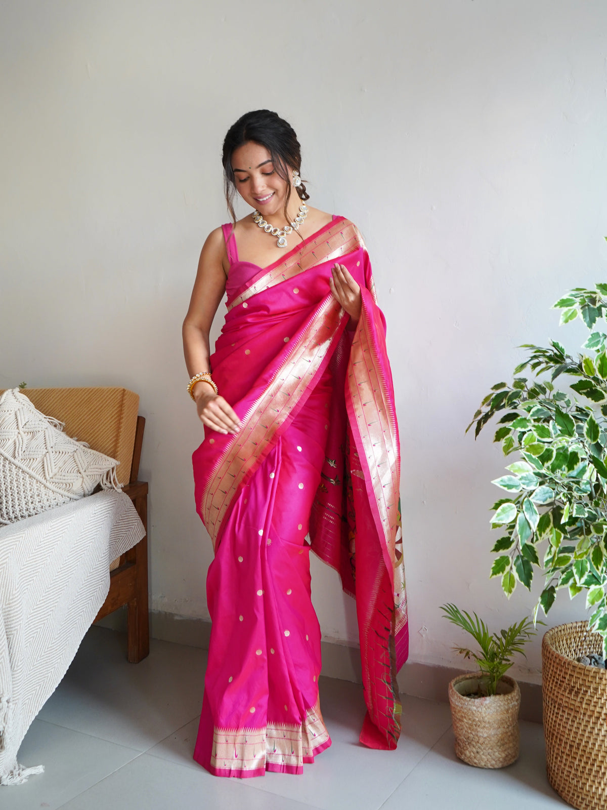 Dark Pink Color Zari Golden Weaving Rich Saree