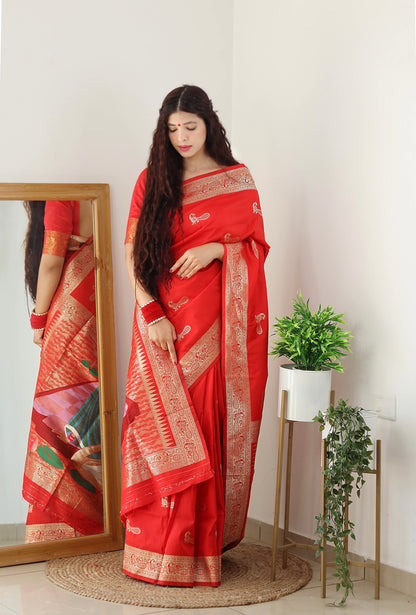 Red Color Zari Golden Weaving Rich Saree