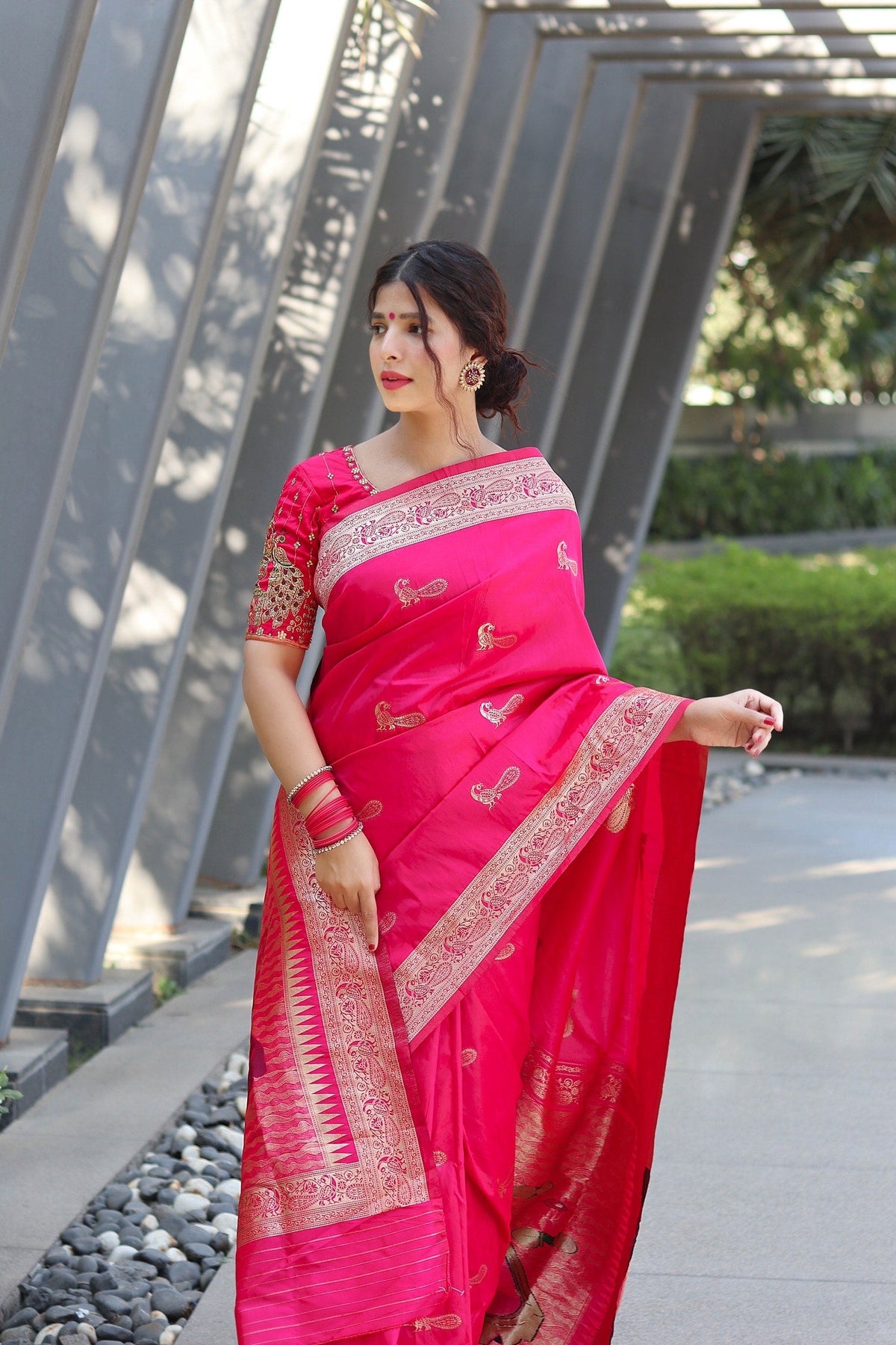 Pink Color Zari Golden Weaving Rich Saree