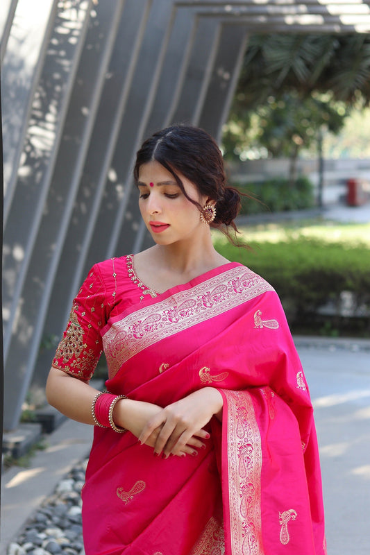 Pink Color Zari Golden Weaving Rich Saree