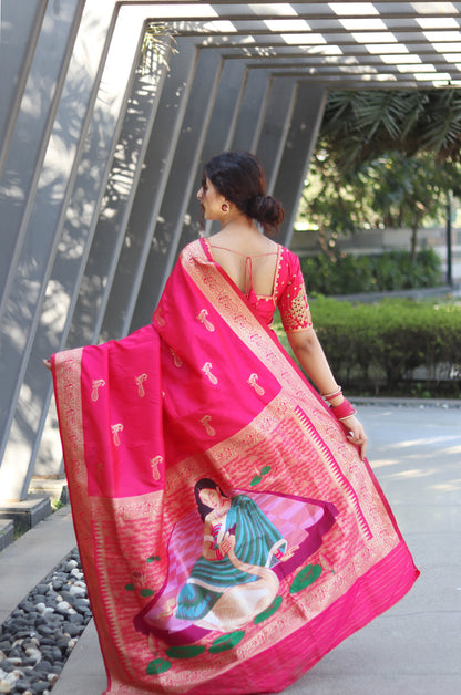 Pink Color Zari Golden Weaving Rich Saree