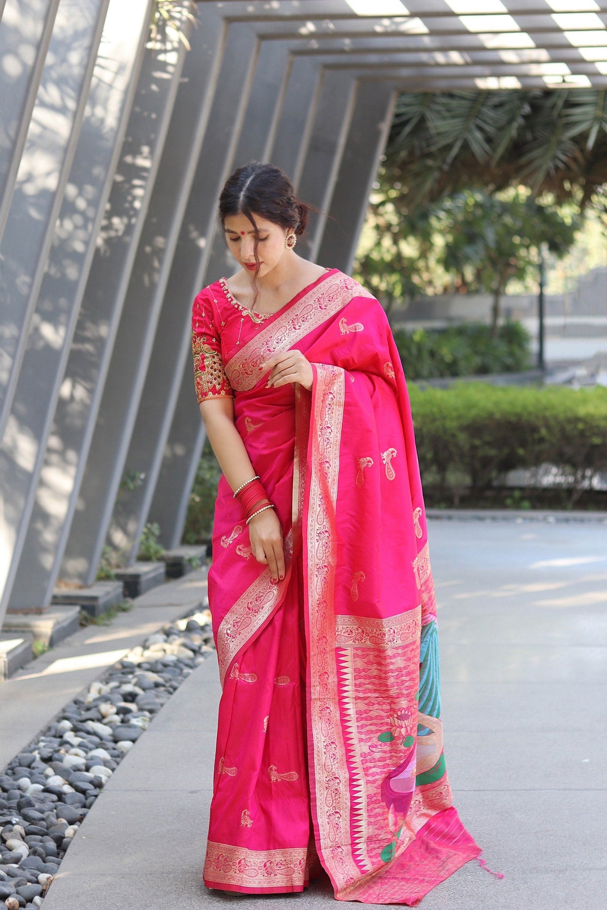 Pink Color Zari Golden Weaving Rich Saree