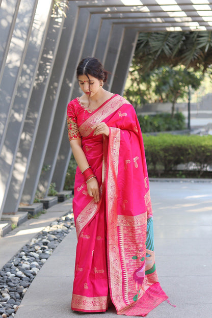 Pink Color Zari Golden Weaving Rich Saree