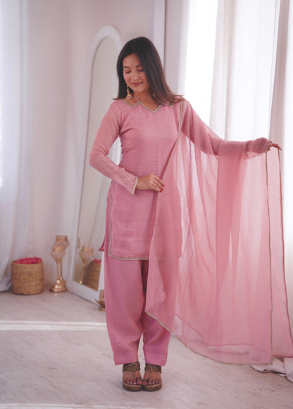Dusty Rose Pink Crunchy Silk Short Kurta with Farshi Pant & Dupatta Set