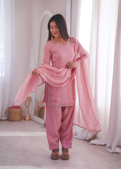 Dusty Rose Pink Crunchy Silk Short Kurta with Farshi Pant & Dupatta Set