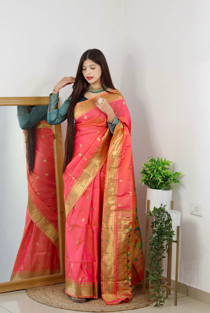 Coral Pink Color Zari Golden Weaving Rich Saree