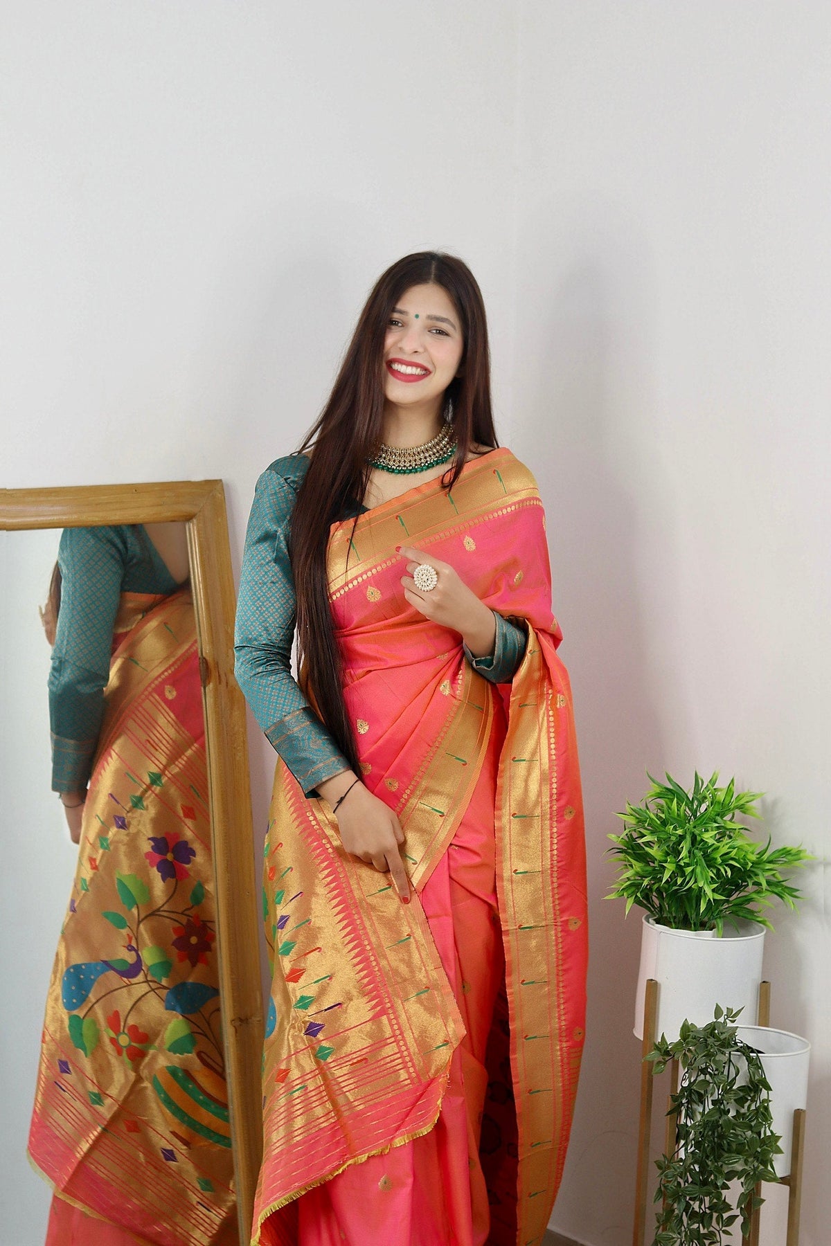 Coral Pink Color Zari Golden Weaving Rich Saree