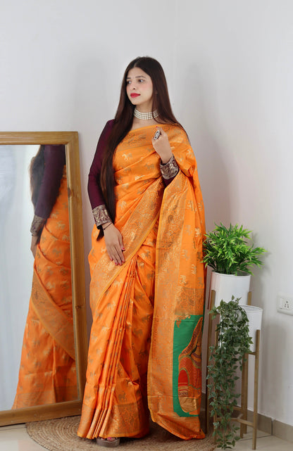 Mustar Yellow Color Zari Golden Weaving Rich Saree