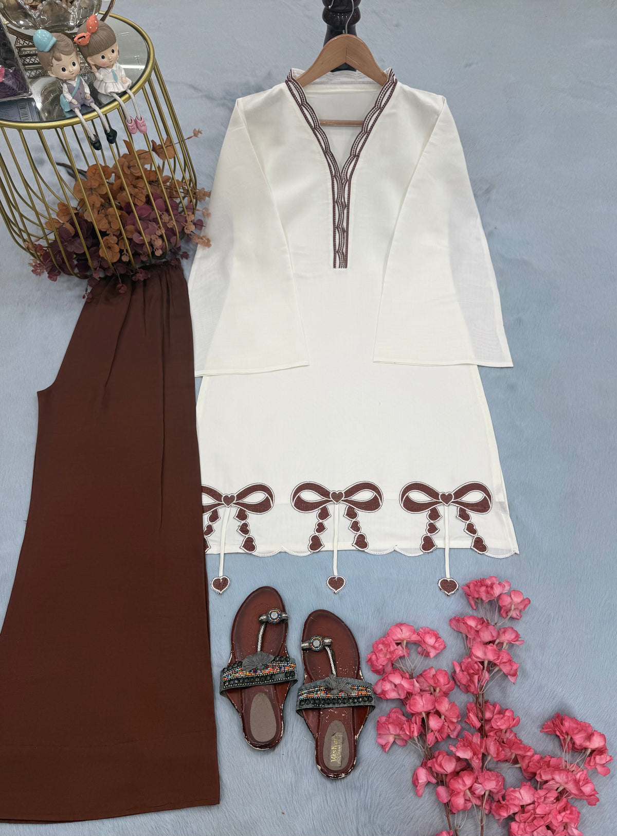 Off-White & Brown Roman Silk Top with Palazzo Set