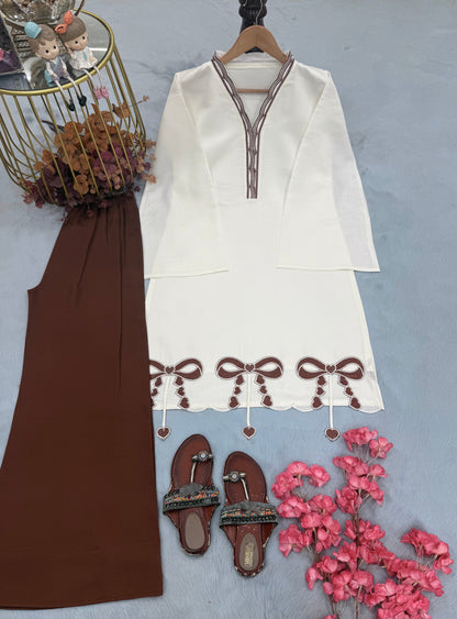 Off-White & Brown Roman Silk Top with Palazzo Set