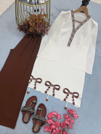 Off-White & Brown Roman Silk Top with Palazzo Set