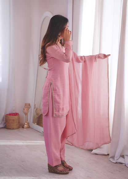 Dusty Rose Pink Crunchy Silk Short Kurta with Farshi Pant & Dupatta Set
