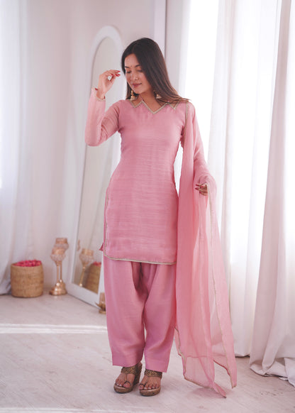 Dusty Rose Pink Crunchy Silk Short Kurta with Farshi Pant & Dupatta Set