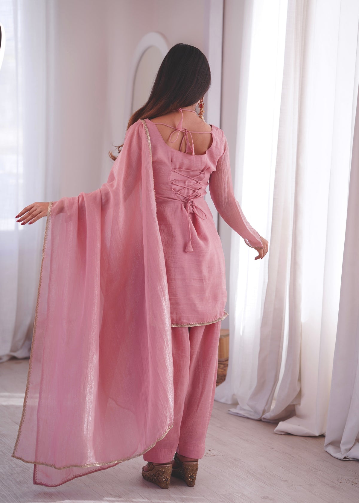 Dusty Rose Pink Crunchy Silk Short Kurta with Farshi Pant & Dupatta Set