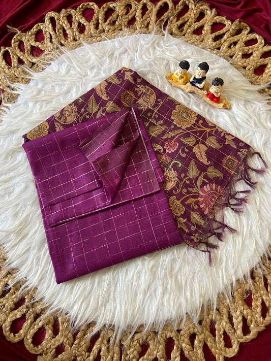 Magenta Semi Tussar Silk Floral Checks Saree