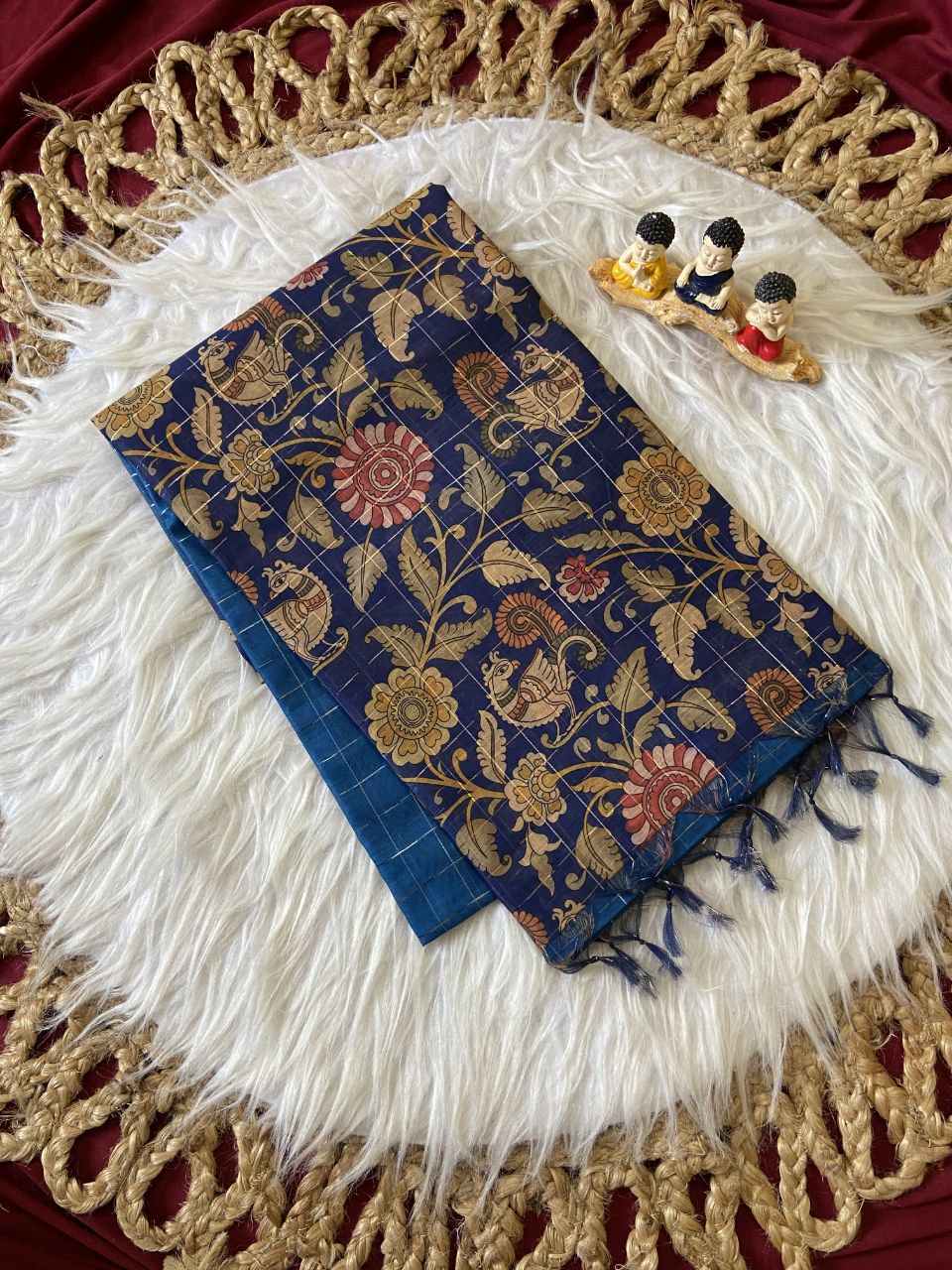 Royal Blue Semi Tussar Silk Floral Checks Saree