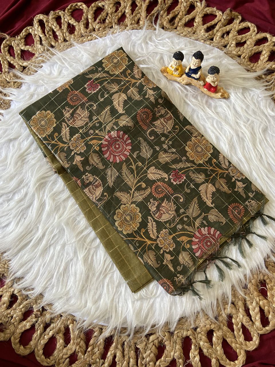 Olive Semi Tussar Silk Floral Checks Saree