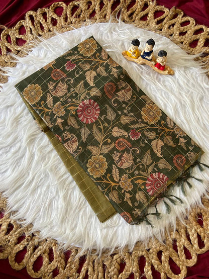 Olive Semi Tussar Silk Floral Checks Saree