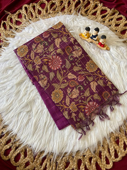 Magenta Semi Tussar Silk Floral Checks Saree