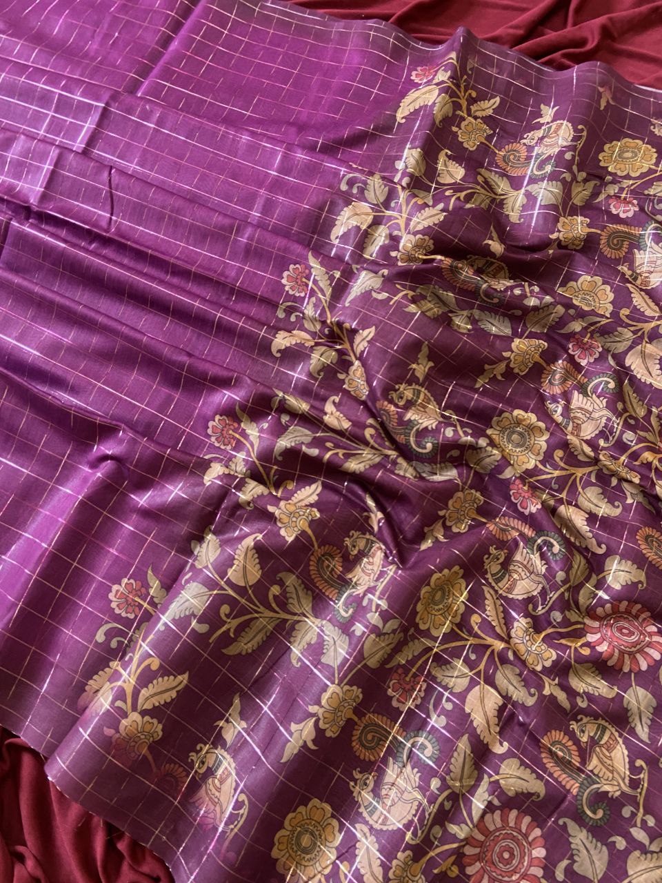 Magenta Semi Tussar Silk Floral Checks Saree