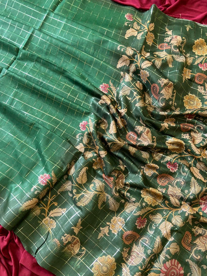 Green Semi Tussar Silk Floral Checks Saree