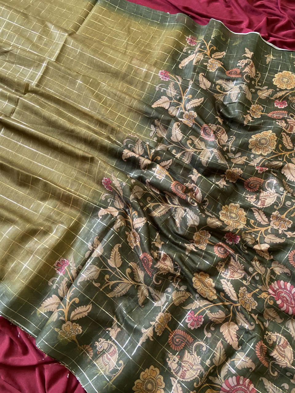 Olive Semi Tussar Silk Floral Checks Saree