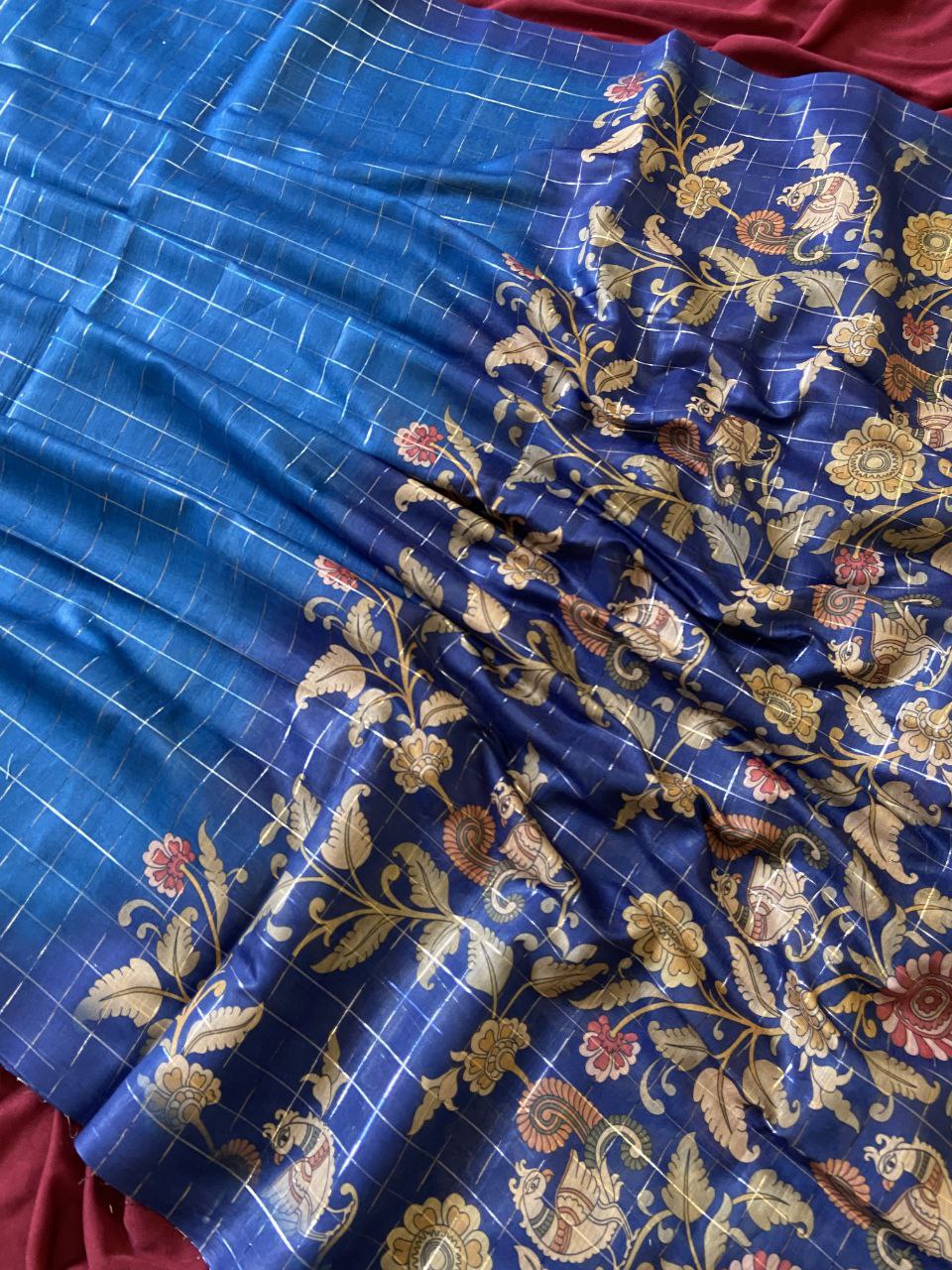 Royal Blue Semi Tussar Silk Floral Checks Saree