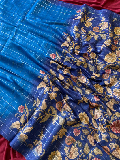 Royal Blue Semi Tussar Silk Floral Checks Saree