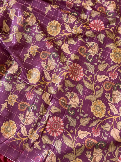 Magenta Semi Tussar Silk Floral Checks Saree