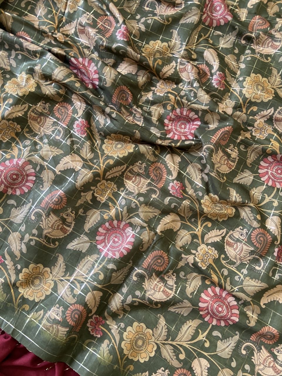 Green Semi Tussar Silk Floral Checks Saree