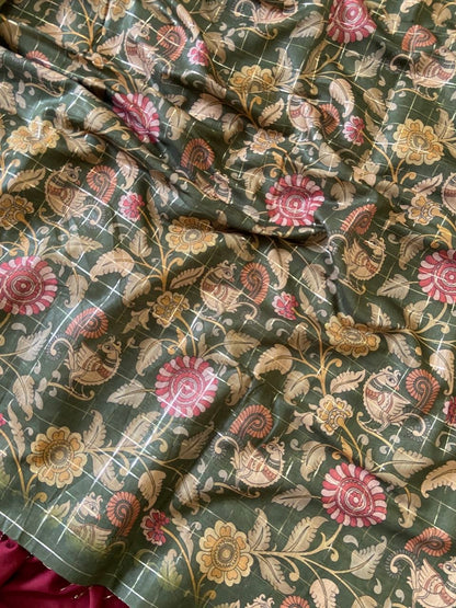 Green Semi Tussar Silk Floral Checks Saree