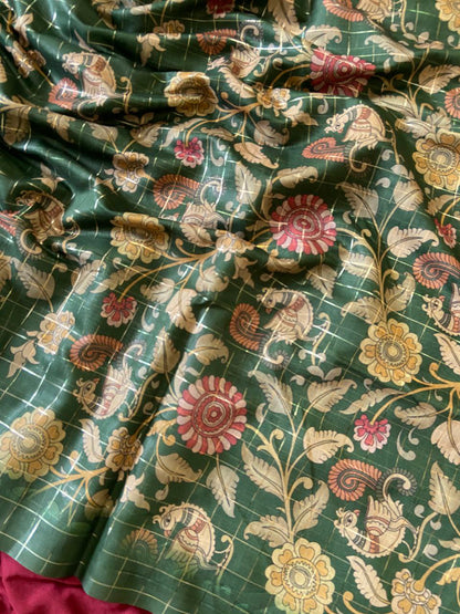 Green Semi Tussar Silk Floral Checks Saree