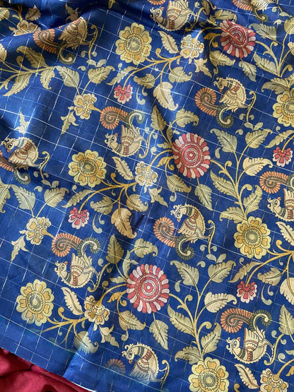 Royal Blue Semi Tussar Silk Floral Checks Saree