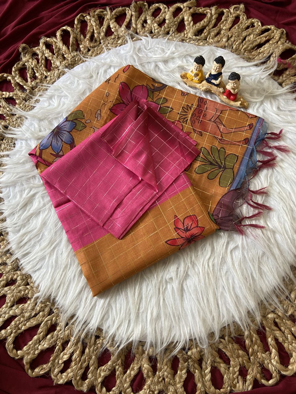 Mustard Semi Tussar Silk Floral Print Saree