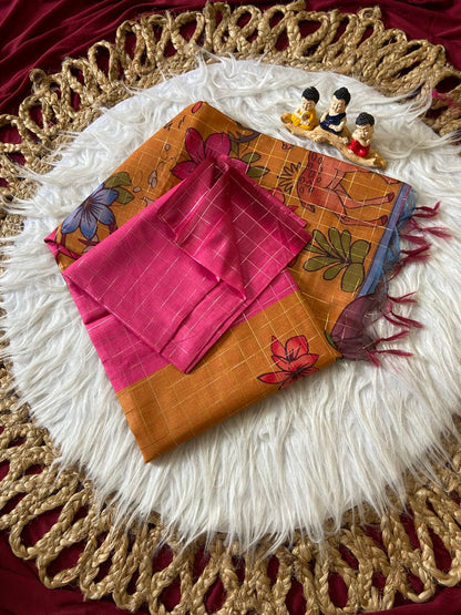 Mustard Semi Tussar Silk Floral Print Saree