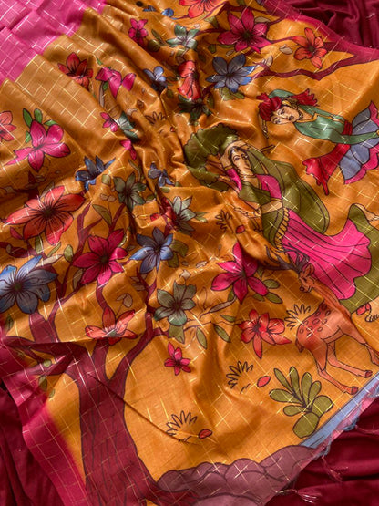 Mustard Semi Tussar Silk Floral Print Saree
