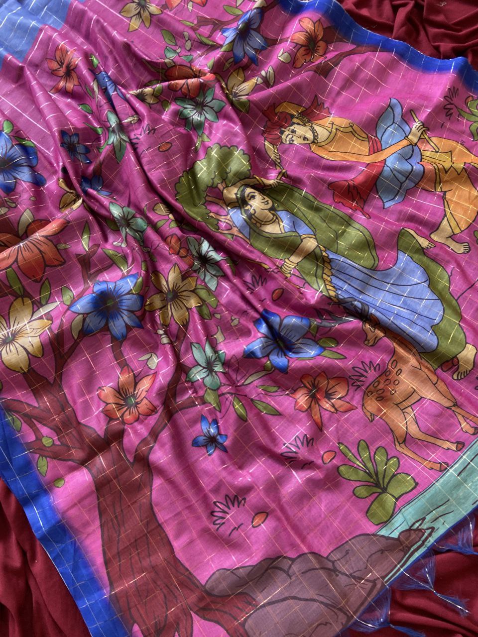 Rani Pink Semi Tussar Silk Floral Print Saree