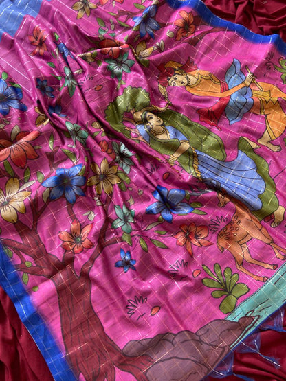 Rani Pink Semi Tussar Silk Floral Print Saree