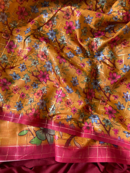 Mustard Semi Tussar Silk Floral Print Saree