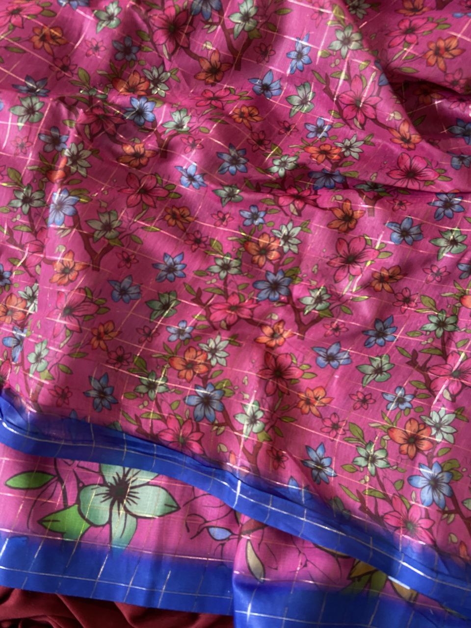 Rani Pink Semi Tussar Silk Floral Print Saree