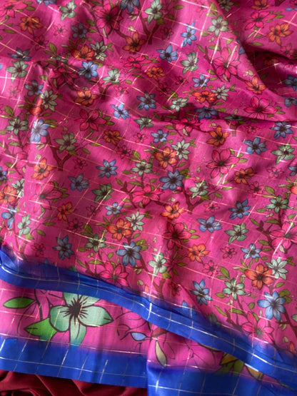 Rani Pink Semi Tussar Silk Floral Print Saree