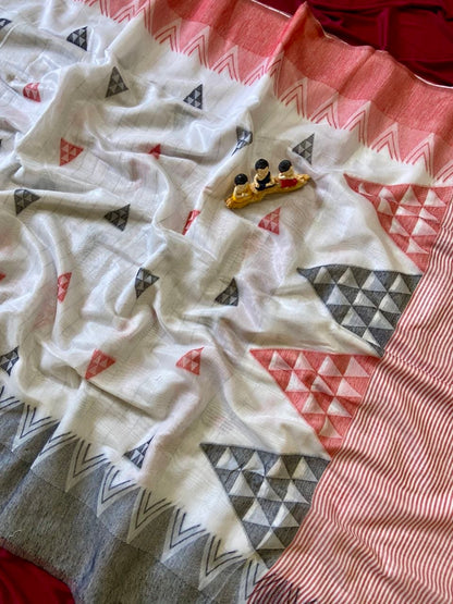 White Bengali Cotton Triangle Weave Saree